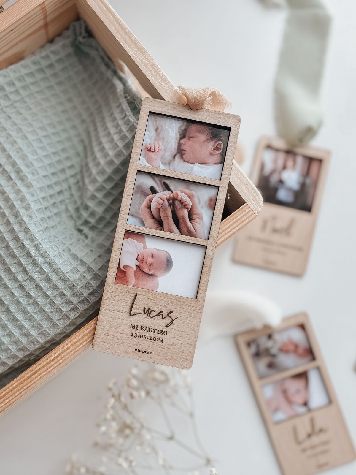 Personalized Triple Photo Wooden Bookmark – Custom Baby Milestone Photo Bookmark Keepsake Gift